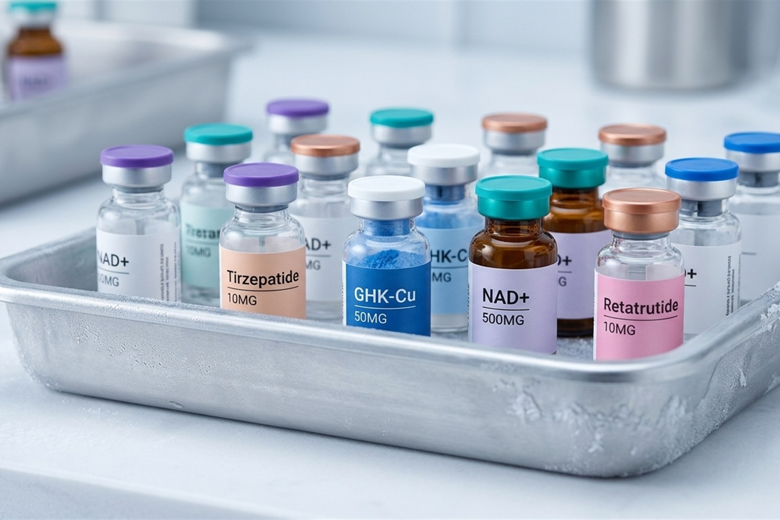 Clear glass research vials on a white background.
