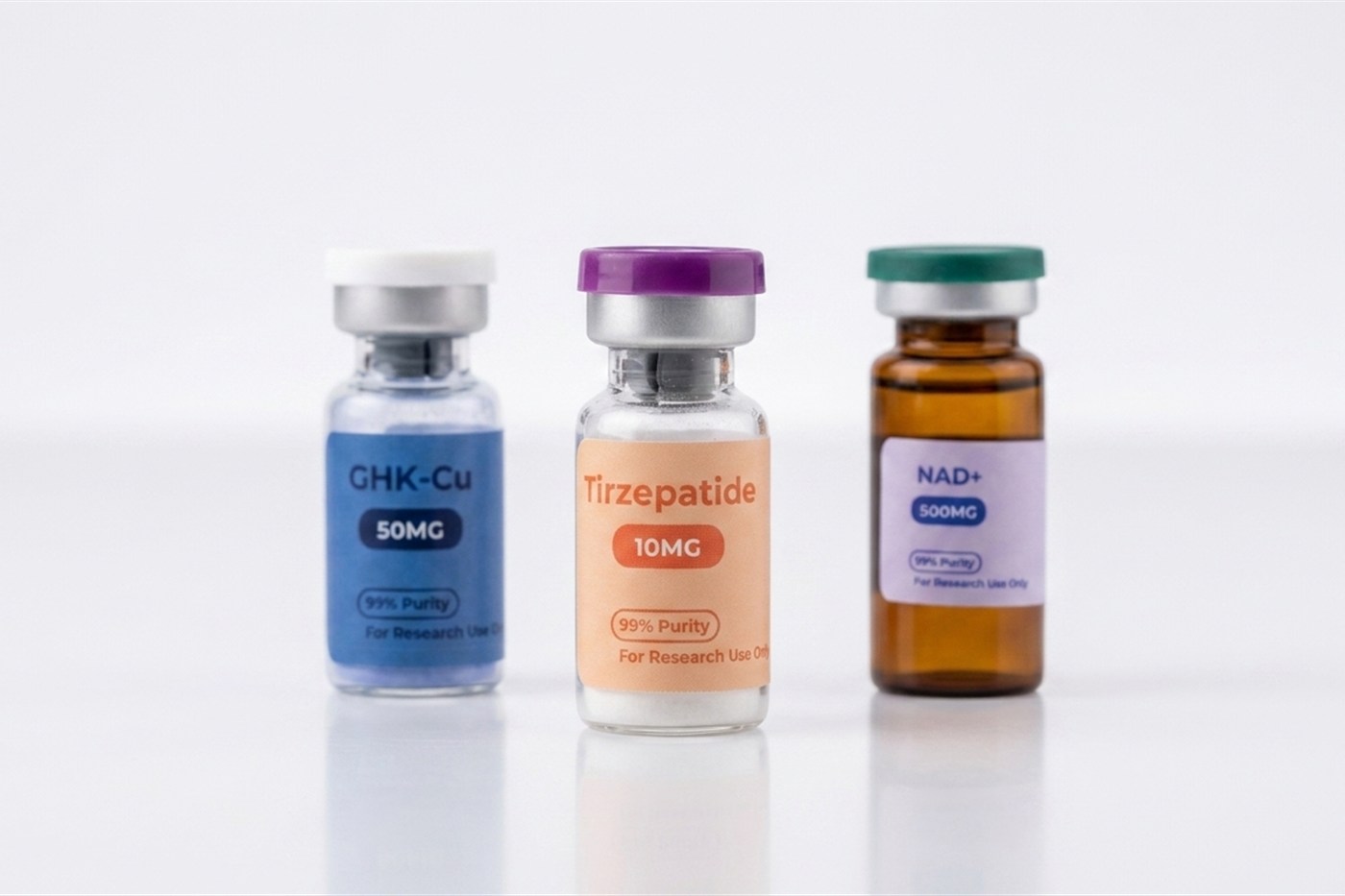 Clear glass research vials on a clean background.
