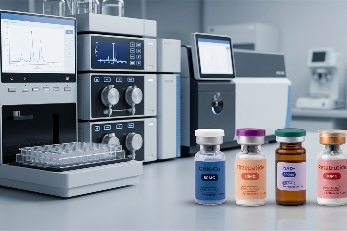 Clear glass research vials in a laboratory rack.