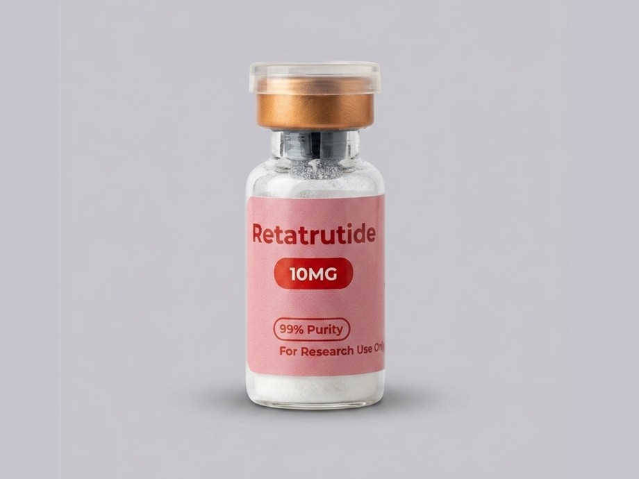 Retatrutide research vial on a clean background.