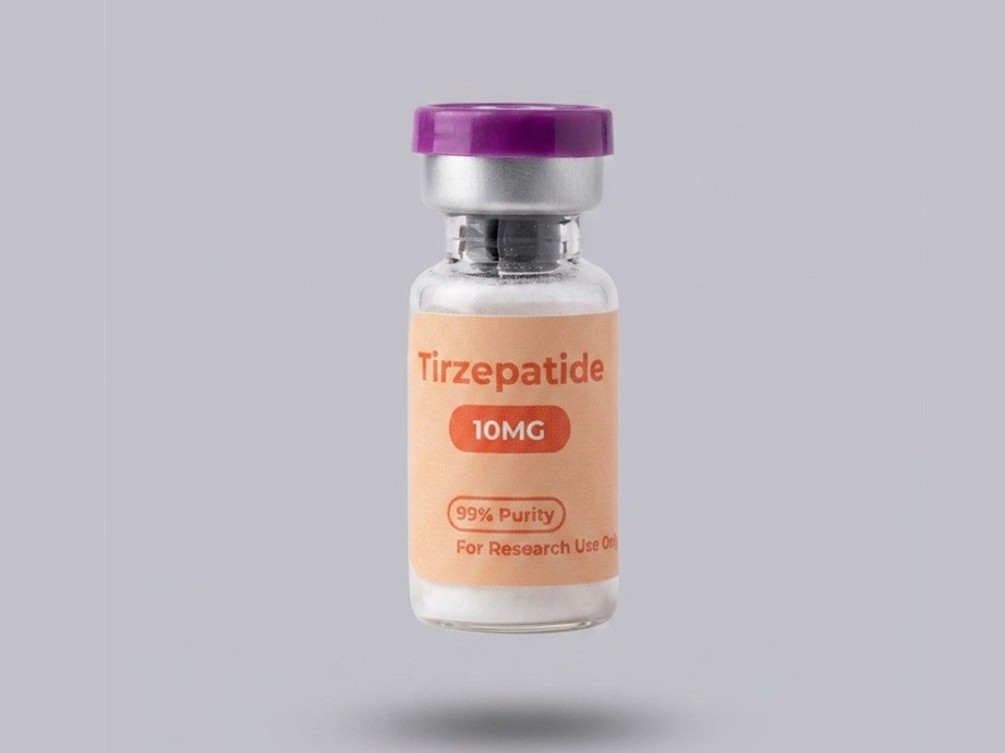 Tirzepatide research vial on a clean background.